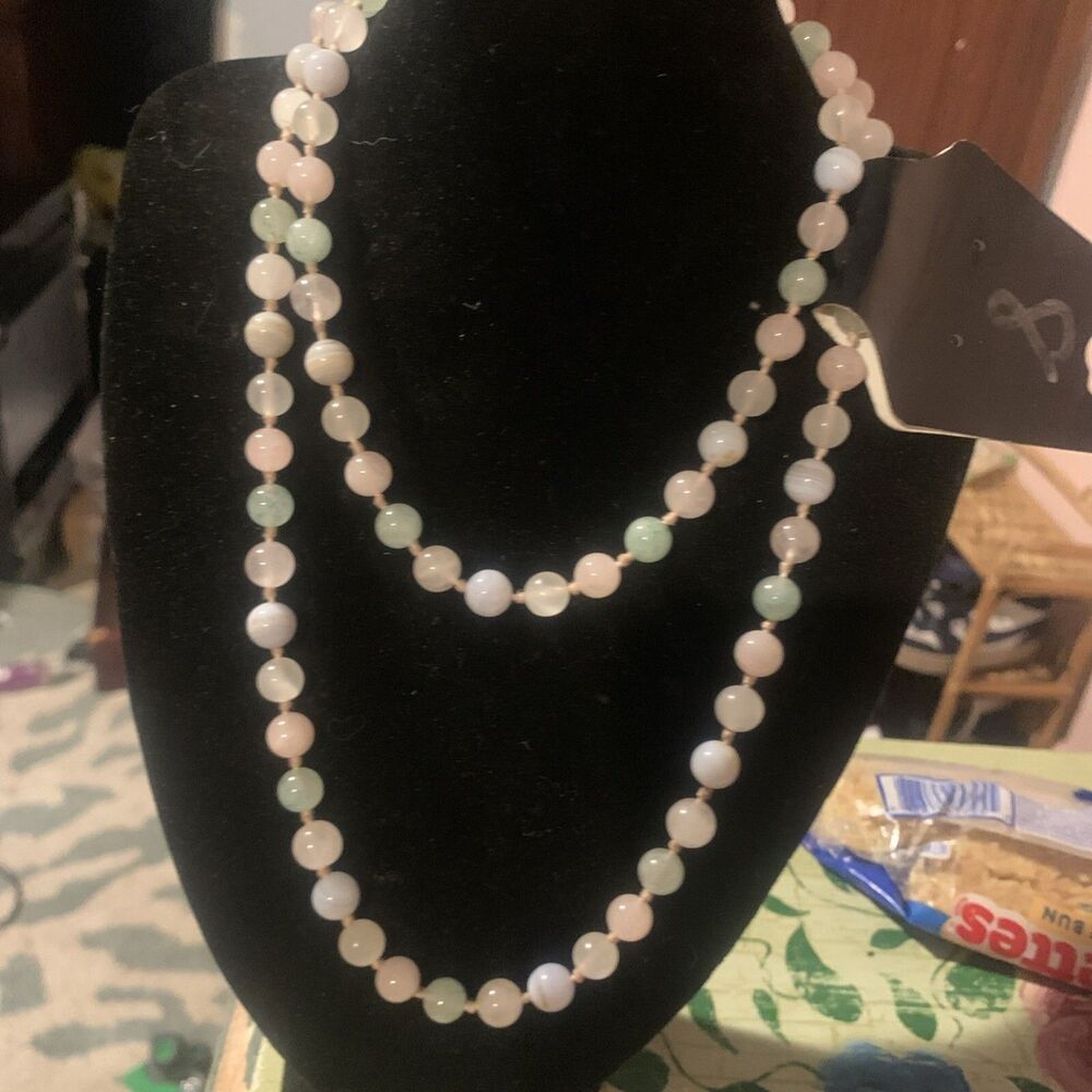 Vintage 33" Hand Knotted Multi Gemstone Bead Necklace Rose Quartz Amethyst Agate